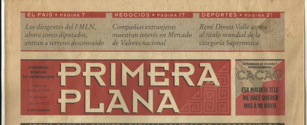 Primeras pruebas que se hicieron del semanario Primera Plana. Cabecera del periódico. Viernes 6 de mayo de 1994. Año 0. No. 0A.