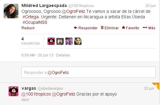 Envié este tuit al Ogro (ilusa yo que creí que tenía su celular. Se lo quitaró la Policía) y la que responde (con avatar de Mafalda, ¡es su madre! que lo andaba buscando).