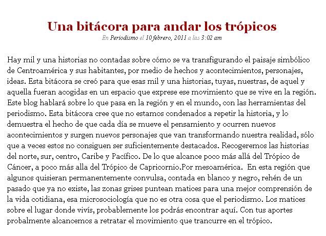 Primer post en el blog 1001 trópicos.