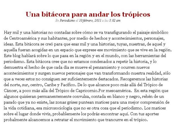 Primer post en el blog 1001 trópicos.