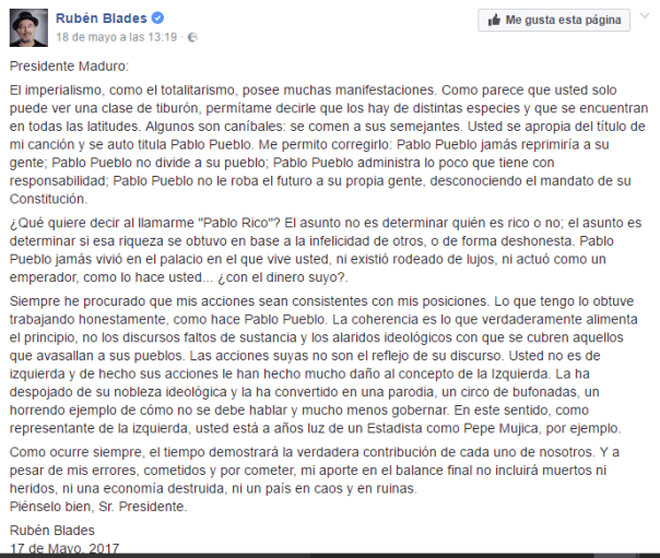 Rubén Blades contesta a Nicolás Maduro, el 18 de mayo 2017.